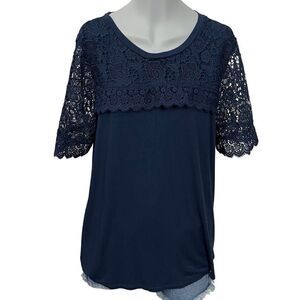 Adrianna Papell Navy Blue Top Shirt Lace Sleeves And Neckline Overlay Size Small